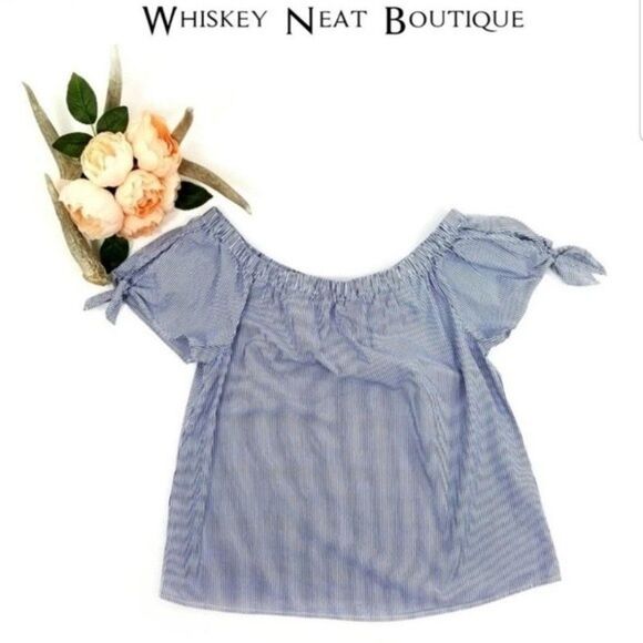 Tacera Blue and White Striped Peasant Top Size Large  4 0111 - Picture 1 of 3